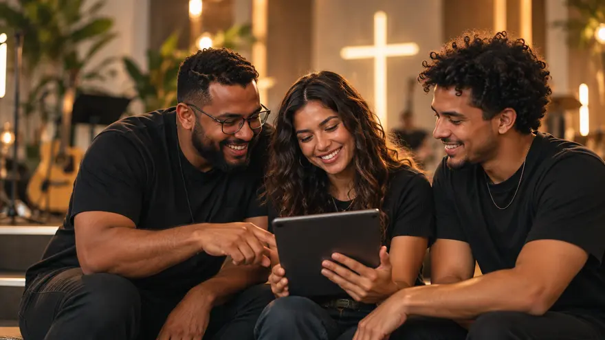 Três pessoas da equipe vendo a escala do próximo culto