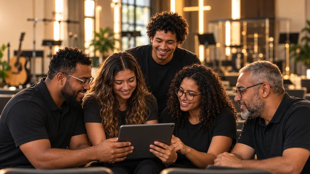 Equipe reunida olhando a escala do culto num tablet