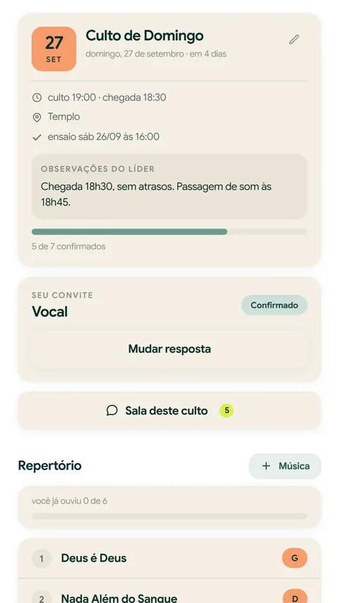 A escala de um culto, com a equipe e as funções