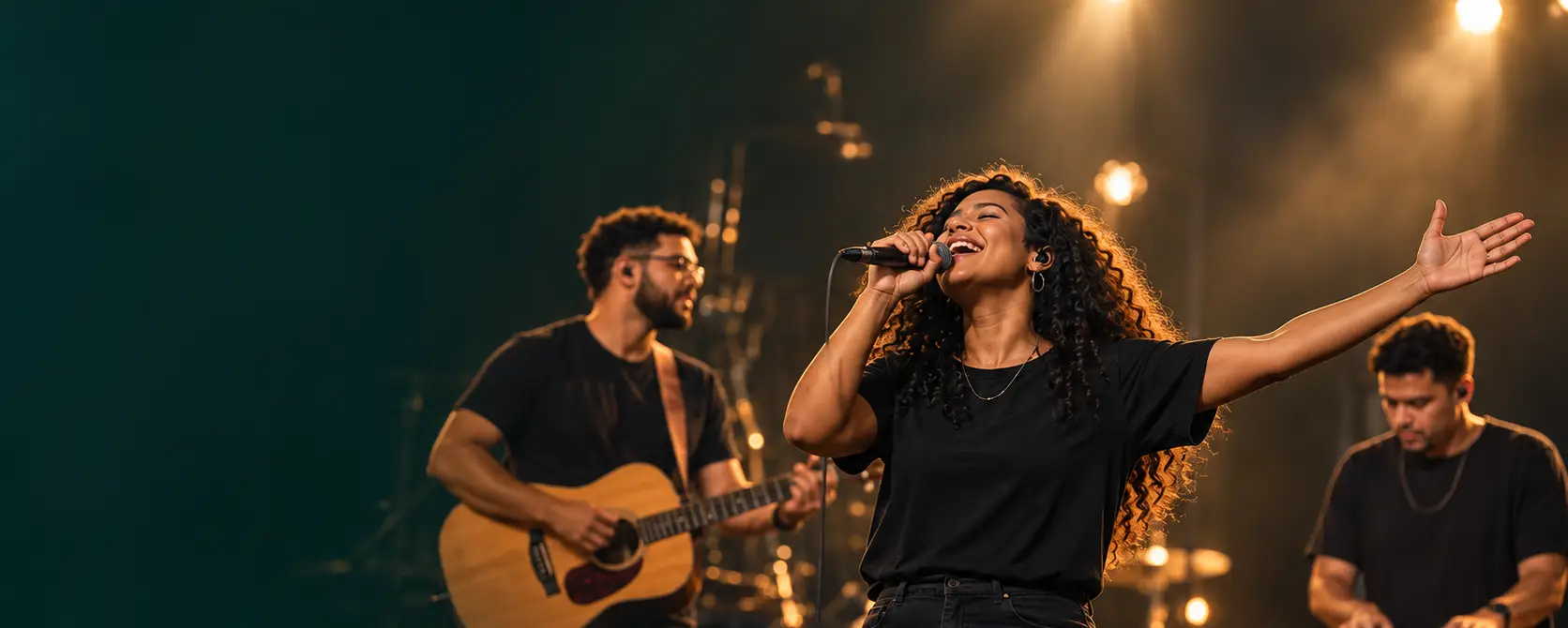 Equipe de louvor ministrando no culto: vocal, violão e teclado