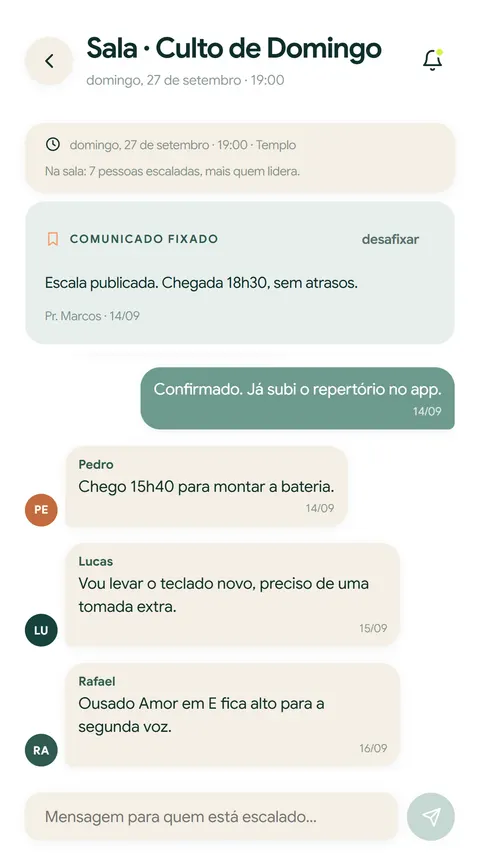 A conversa da equipe escalada naquele culto
